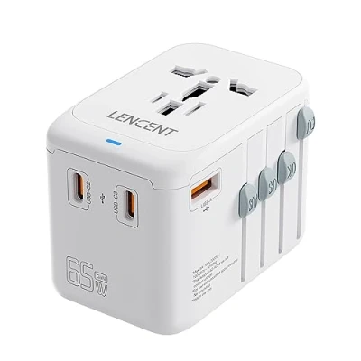 Abbildung von LENCENT Internationaler Reiseadapter,GaN III 65W Universal Reisestecker mit 1 USB A &amp; 3 C PD Schnellladung,Steckdosenadapter für Typ A/C/G/I (USA/UK/EU/AUS) Steckdose, Weiß
