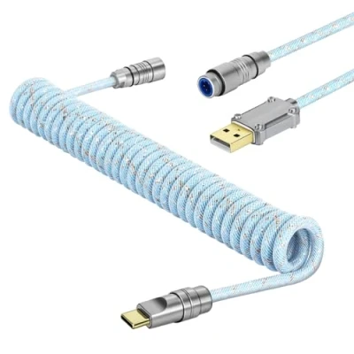 Abbildung von MAMBASNAKE C05 Custom Coiled Aviator USB C Kabel für Gaming Tastatur, Braided Nylon, A auf C, Double Sleeved Spiral Mechanical Tastaturkabel, Abnehmbarem CNC Luftfahrtstecker, 4,92Ft Blau