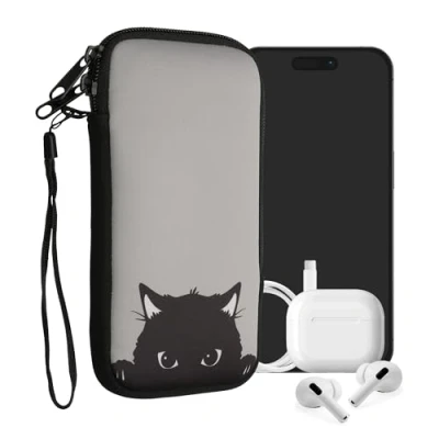 Abbildung von kwmobile Handytasche für Smartphones XL 6,7/6,8&quot; Neopren Handy Tasche Hülle Cover Case Schutzhülle Neugierige Katze Grau Schwarz 17,2 x 8,4 cm Innenmaße