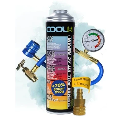 Abbildung von COOL5 5in1 r1234yf kältemittel nachfüllset, klimagas für Klimaanlagenbefüllung Fahrzeuge nach 2016 + Messschlauch Adapter Universalreiniger 500ml
