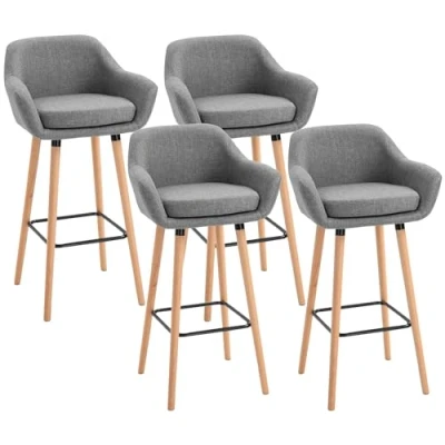 Abbildung von HOMCOM 4er Set Barhocker, Barstuhl aus Leinen mit Sitzkissen, Küchenhocker, Bistrohocker Fußstützen, Buchenholzbeine, Tresenhocker für Wohnzimmer, Esszimmer, Grau, 55 x 48 100 cm