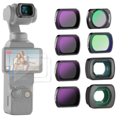 Abbildung von NEEWER ND Filter Set, 6er Pack, kompatibel mit DJI Osmo Pocket 3, ND16 ND32 ND64 ND256 Polfilter CPL Black Diffusion 1/4 0,75X Weitwinkelobjektiv 2X Makroobjektiv Displayschutzfolie, FL B17