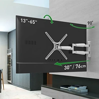 Abbildung von Barkan Lange weiße TV Wandhalterung, 33165,1 cm (1365 Zoll), voll beweglich, schwenkbar, 4 Bewegungen, Flache/Gebogene Bildschirmhalterung, hält bis zu 35,8 kg, extrem ausziehbar, passend für LED