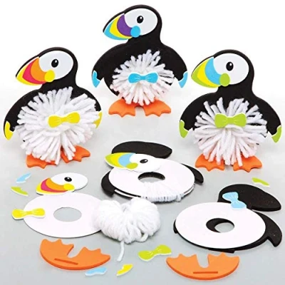 Abbildung von Baker Ross Bastelset für Pompon Papageientaucher, Kunst Kinder, zum Selbermachen aus flauschigem Bommel, FE201, 3 Stück