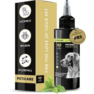 Abbildung von Peticare Anti Parasiten Mittel für Hunde gegen Milben, Flöhe, Pilze lindert effektiv Juckreiz &amp; unterstützt Regenerationsprozess einzigartiges PRS® System lange Wirkung petDog Protect 2101