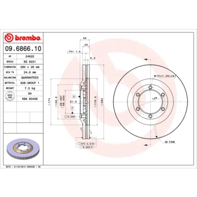 Abbildung von BREMBO 09.6866.10 Bremsscheibe 280 26 6 innenbelüftet OPEL: Frontera B SUV, A Sport SUV Cabrio