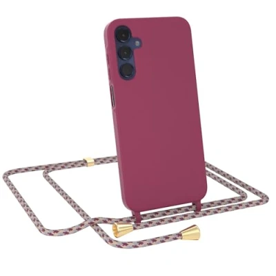 Abbildung von EAZY CASE Hülle mit Band kompatibel Samsung Galaxy A15 Handyhülle für Silikon Mikrofaser stoßfester Fallschutz Kette zum Umhängen Handykordel in Rot Camouflage Clips Gold