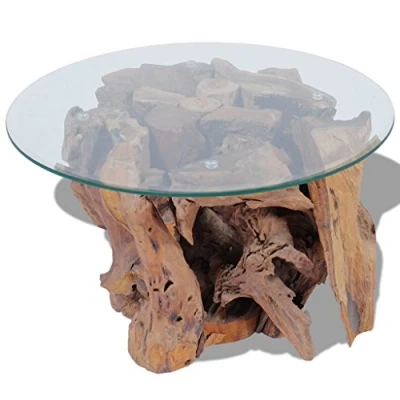 Abbildung von Festnight Couchtisch Kaffeetisch Coffeetisch mit Tischfuss aus Massives Teak Treibholz Ideal als Beistelltisch Glas Tischplatte Durchmesser 60cm