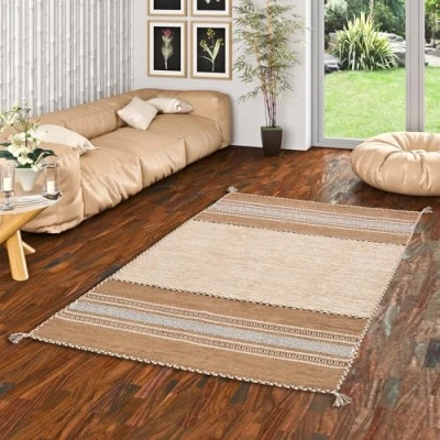 Abbildung von Navarro Natur Teppich Bauwolle Kelim Beige Braun in 6 Größen