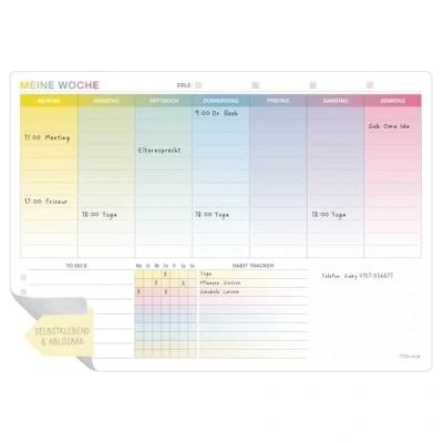 Abbildung von TOBJA Whiteboard Wochenplaner abwischbar A4 Selbstklebender Planer 30 x 21 cm Kalender mit To Do Liste &amp; Habit Tracker Wiederverwendbarer für Wand Kühlschrank (Planer Bunt)