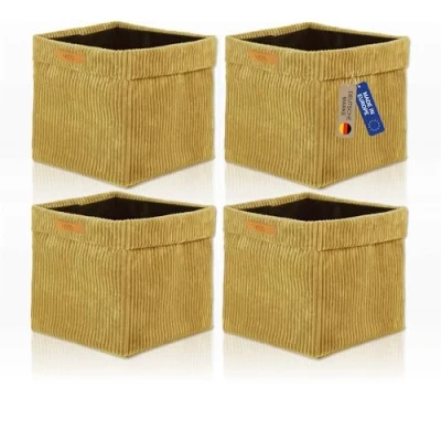 Abbildung von Lycce Kallax Boxen Cordstoff 4er Set faltbare Aufbewahrungsboxen 33 x H31 cm mit abnehmbarem Cordbezug waschbar Ordnungsboxen passend für Ikea Regal senf
