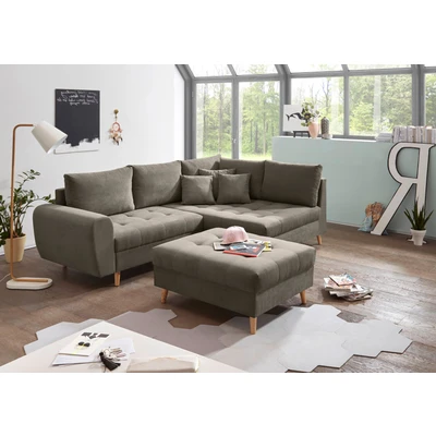 Abbildung von ALICE Ecksofa mit Hocker, Stoffbezug Schlamm Moderne Eckcouch Kissen &amp; Massivholz Füßen 249 x 94 175 cm (B/H/T)