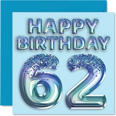 Abbildung von Stuff4 Geburtstagskarte zum 62. Geburtstag für Männer Blauer Glitzer Partyballon Happy Birthday Karten 62 Jahre alten Mann, Onkel, Großvater, Vater, Opa Oma, 145 mm x mm,