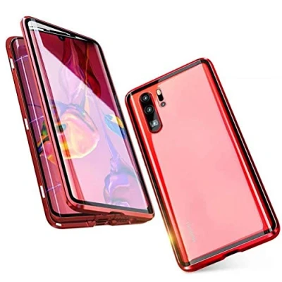 Abbildung von HaptiCase Schutzhülle für Huawei P30 Lite, magnetische Adsorption, stoßfest, doppelseitig transparent, Hartglas, Schutzhülle, Aluminium, Metallrahmen, 360 Grad Schutz Rot