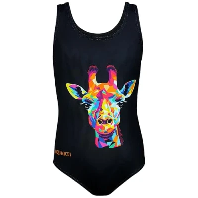 Abbildung von Aquarti Mädchen Badeanzug mit Ringerrücken Print, Farbe: Bunte Giraffe/Schwarz, Größe: 158