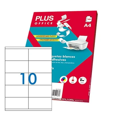 Abbildung von Plus Office Selbstklebende weiße Etiketten zum Drucken, 100 Blatt Aufkleber Papier auf A4 für Inkjet Drucker, Laser und Fotokopierer, 10 pro (105 x 57 mm)