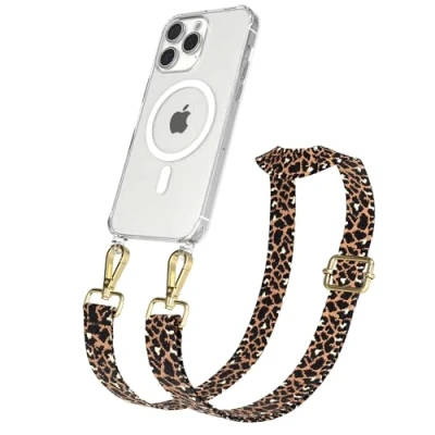 Abbildung von EAZY CASE Handykette Verstellbares Taschenband kompatibel mit iPhone 15 Pro Max, Schulterriemen, Handykordel Silikon Hülle, Qi Charging kompatibel, Umhängetasche, Leo Schwarz Braun Metall Gold