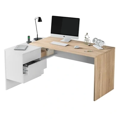 Abbildung von Wendeschreibtisch mit 3 Schubladen Kommode, Eckschreibtisch, cm 145x108h73, Eiche und Weiß