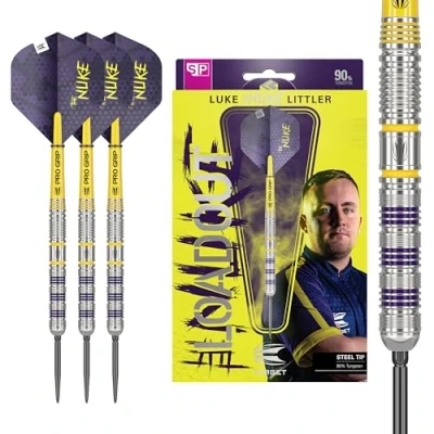 Abbildung von Target Darts Luke Littler Loadout Steel Tip Swiss Point Darts, 90% Tungsten Dart, 23G Dart Set, Player Edition Points Sets mit Werkzeug, Pro Grip Shafts &amp; No.2 Flights