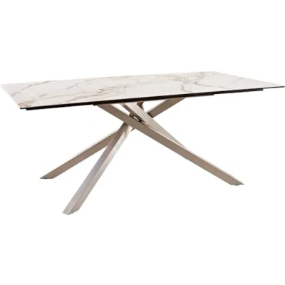 Abbildung von Esstisch Edge 200x100 Keramik Calacatta Luxe Weiß Gold Grau Kreuzgestell Rechteck Edelstahl