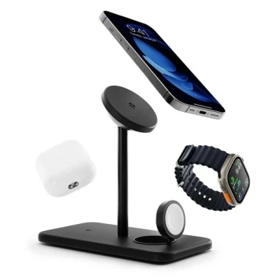 Abbildung von Twelve South HiRise 3 Deluxe Compact Luxury MagSafe Stand for iPhone, AirPods and Apple Watch, Schwarz, TS 2303
