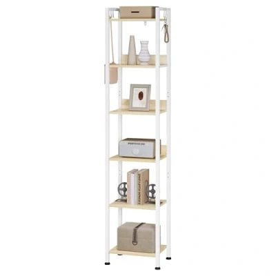 Abbildung von WOLTU Lagerregal mit 6 Ebenen, Küchenregal 4 Haken, Bücherregal im Industriestil, Standregal Wohnzimmer Küche, schmales Leiterregal, Weiß+hell Eiche, 40x30x187cm