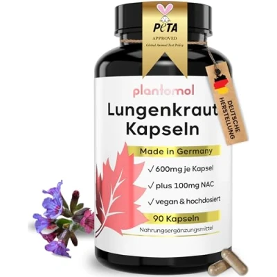 Abbildung von 90 Lungenkraut Kapseln hochdosiert mit 600mg Lungwort pro Kapsel plantomol®