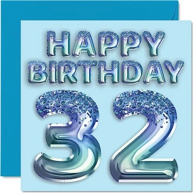 Abbildung von Stuff4 Geburtstagskarte zum 32. Geburtstag für Männer Blauer Glitzer Partyballon Happy Birthday Karten 32 Jahre alten Mann, Bruder, Freund, Onkel, Vater, 145 mm x