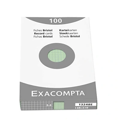 Abbildung von Exacompta 13248E Packung (mit 100 Karteikarten, ungelocht DIN A5, 148 x 210 mm, 205 g, kariert, ideal für die Schule) grün