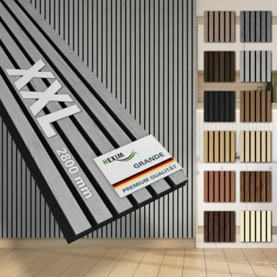 Abbildung von HEXIM Lamellen Grande 280cm Akustikpanelee XXL Wandpaneele 21mm Schalldämmung Echtholzfurnier Akustikfilz Lamellenwand Grau (10 Paneele / 8,414m² Grey Oak)