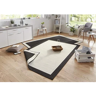 Abbildung von NORTHRUGS In und Outdoor Teppich Panama 200x290cm Wendeteppich Wetterfest Modernes Uni Design mit Bordüre Läufer für Balkon Terrasse Garten Wintergarten Wohnzimmerteppich Wasserfest, Schwarz Creme