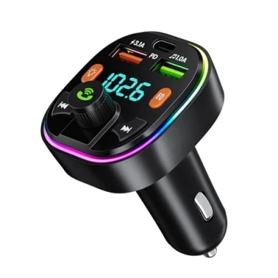 Abbildung von GlasFlength FM Transmitter Auto Bluetooth, Radio Adapter Autoladegerät mit Freisprecheinrichtung PD 20W &amp; Typ C QC 3.0 Bass Hi Fi Stereo Schnellladung Blauem Umgebungslicht