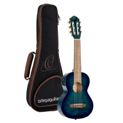 Abbildung von Ortega Guitars Guitarlele elektro akustische Reisegitarre Mini/Travel Series 6 Saiten inklusive Gigbag flamed mahogany (RGLE18BLF)