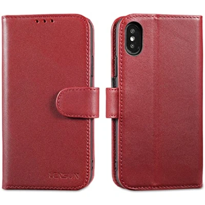 Abbildung von LENSUN Echtleder Hülle für iPhone XS, X Handyhülle [Echtes Leder][Standfunktion][RFID Schutz] Handytasche Lederhülle Kompatibel mit X/XS Weinrot