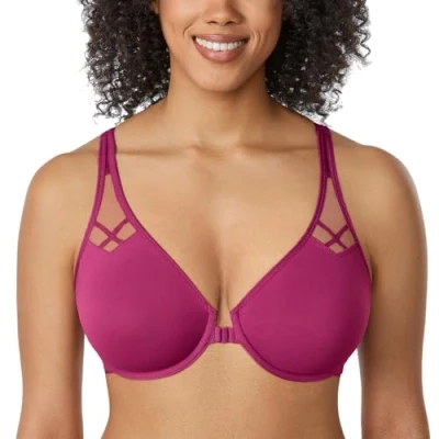 Abbildung von DELIMIRA Damen Vollschalen Vorderverschluss Seamless BH mit Bügel Ungepolster BHS Große Brüste Racerback Magenta Violett 95D