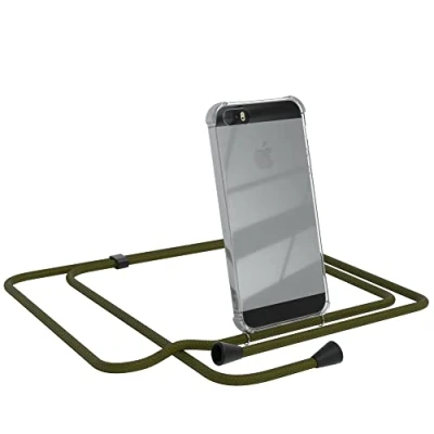 Abbildung von EAZY CASE Handykette kompatibel mit iPhone SE (2016)/ 5 / 5S Handyhülle Umhängeband, Handykordel Schutzhülle, Silikonhülle, Hülle, Stylische Kette, Grün Clips Schwarz