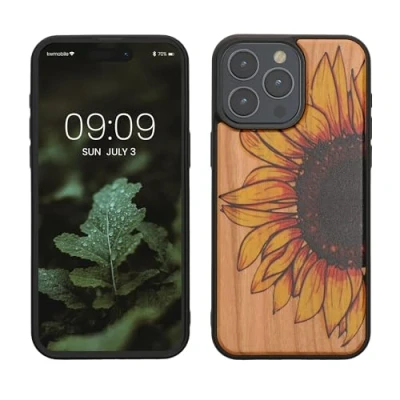 Abbildung von kwmobile Hülle kompatibel mit iPhone 15 Pro Max Holz Case Handy Cover TPU Handyhülle in Gelb Dunkelbraun Hellbraun Wood Sunflower