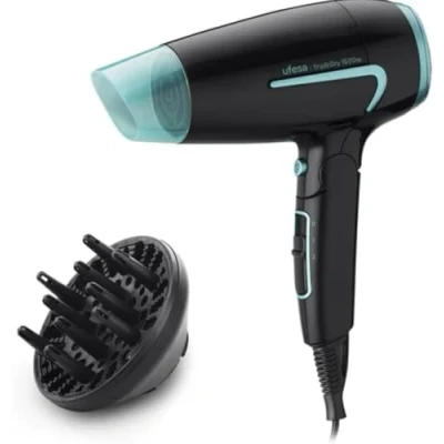 Abbildung von Ufesa Trip &amp; Dry Kompakter Haartrockner, faltbar, 1600 W, 2 Geschwindigkeiten, Temperaturen, Diffusor und Konzentrator, ideal für Reisen