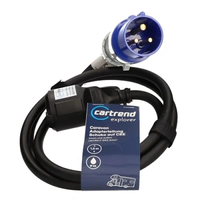 Abbildung von cartrend Explorer CEE Adapterleitung mit Stecker und Schutzkontaktkupplung, zum Anschluss von Elektrogeräten an das Bordnetz Wohnwägen, Wohnmobilen oder Stromversorgern, IP44, 1,5m, schwar