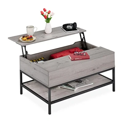 Abbildung von Relaxdays Couchtisch aufklappbar, mit Ablage, Wohnzimmertisch Stauraum, Holzoptik, HBT: 45,5x90x60 cm, grau/schwarz, Metall