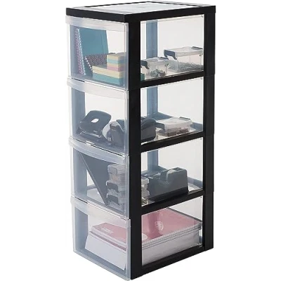 Abbildung von Iris Ohyama Kunststoff Schubladenbox mit Rollen, 4 tiefen Schubladen, Schwarz, Griffe zum Ziehen, Für Schlafzimmer, Bad, Schule &amp; Büro, BPA frei, Schubladenschrank, Rollcontainer, A4 Drawer, DC 304