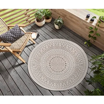 Abbildung von Northrugs Porto in und Outdoor Teppich Rund Runder Wendeteppich Wasserfest Mandala Design Flachgewebe Wetterfest für Balkon, Terrasse, Garten, Wohnzimmer Linen, ⌀100cm
