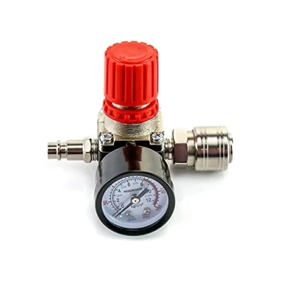 Abbildung von QWORK® Druckregler des Luftkompressors, 1/4&quot; EU Standard Druckregelventil Druckschaltventil mit 175PSI 12Bar Manometer für Luftkompressor (4 Löcher)