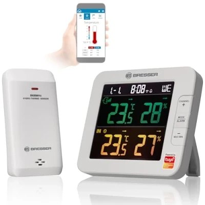 Abbildung von Bresser WLAN Smart Home 7 Kanal Tuya Funk Thermometer Hygrometer mit Außensensor, integriertem Wecker, Weiß