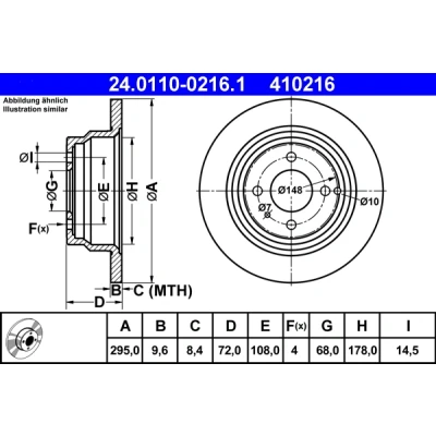 Abbildung von ATE 24.0110 0216.1 Bremsscheibe 295,0 9,6 4 108,0 voll VOLVO: 850 Kombi, Limousine