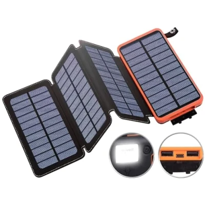Abbildung von revolt Faltbares Solarmodul: Solar Powerbank mit faltbarem 8 W Solarpanel, LED Lampe, 16 Ah, 2,1 A (Solar Taschenlampe, Solarbetriebene Powerbank, Arbeitsleuchte)