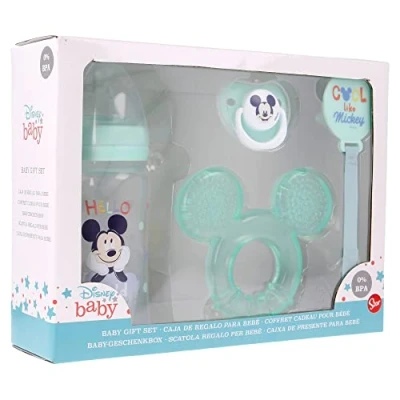 Abbildung von Stor Schnuller Set Disney Baby Mickey oder Minnie Mouse mit Beißring und Flasche, im Geschenkkarton