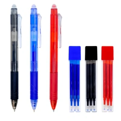 Abbildung von RAYLU PAPER Radierbarer Kugelschreiber, einziehbar, Geltinte, Blau, Rot, Schwarz, 1 mm Spitze und 0,7 Strichbreite (3 Farben + Ersatzteile)