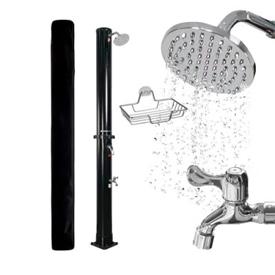 Abbildung von Dönges NovaTerra Solardusche schwarz mit 40L Tank Gartendusche Regenduschkopf, Fußdusche, Schutzhaube &amp; Ablageschale Duschsystem für Garten Camping, Wassererwärmung bis 60C ohne Strom