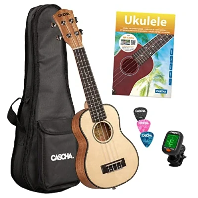 Abbildung von CASCHA Sopran Ukulele, Massive Fichtendecke, Solid Top, Hawaii Gitarre Starter Lern Set mit Zubehör, Aquila Saiten, Anfänger Buch, Tasche, Stimmgerät und 3 Plektren